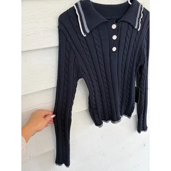 Alice Blue Navy Cable Knit Collared Sweater Juniors Size S Preppy Button Front - Picture 3 of 8